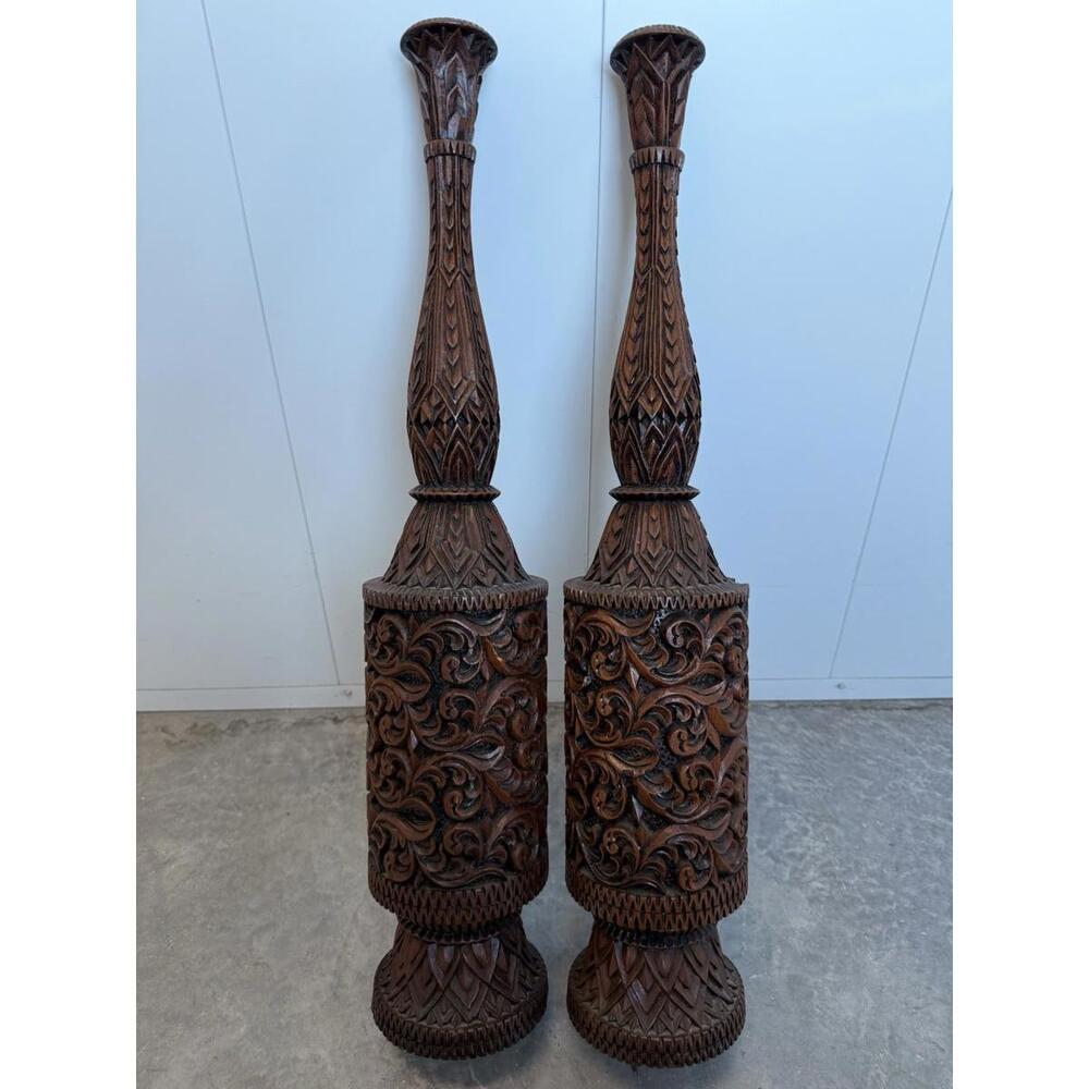 VTG  Hand Carved Wood Intricate Ornate pedestal Candle Holder 15” Boho Tiki